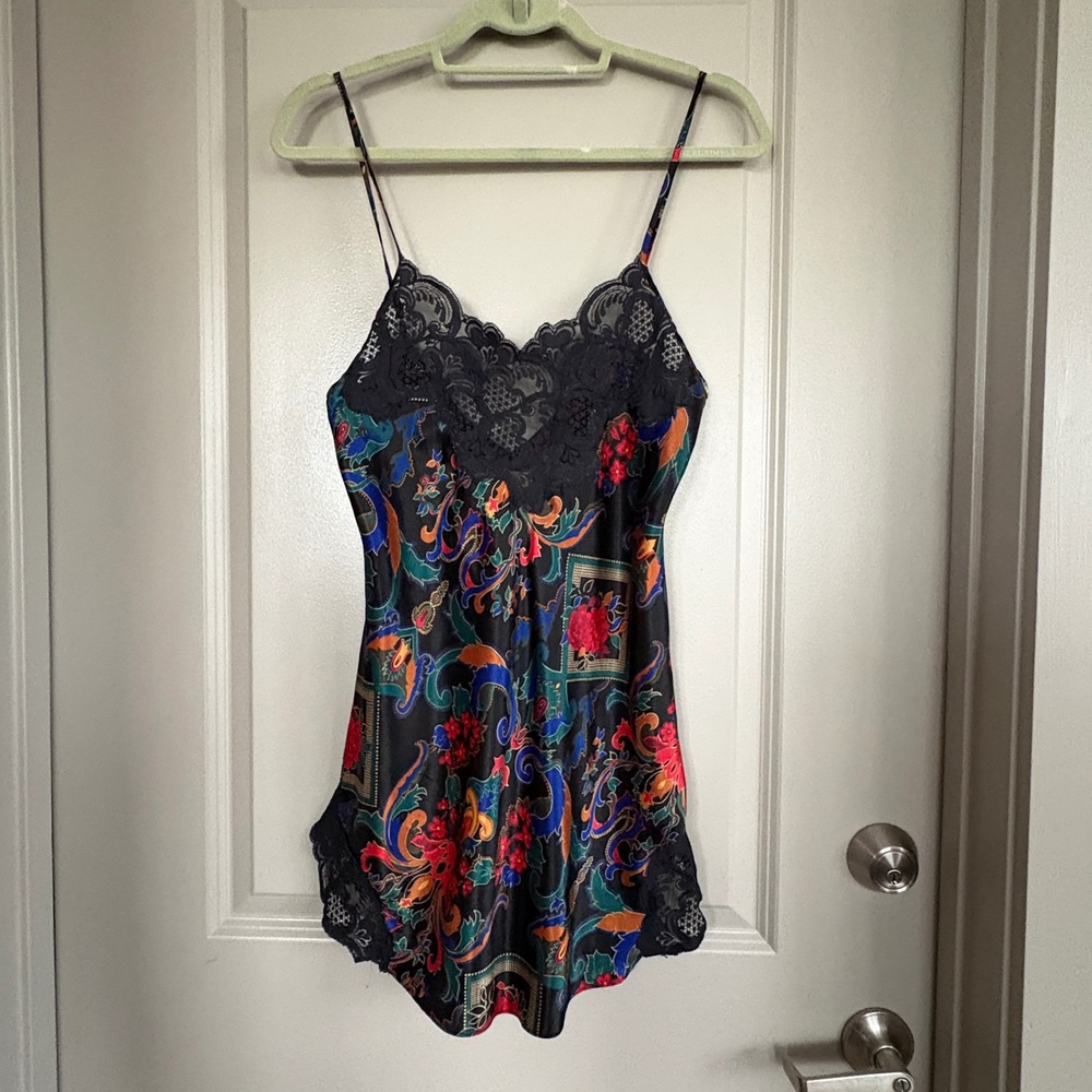 Victoria's Secret Vintage Gold Label Paisley Lace Trim Slip Dress Multicolor P
